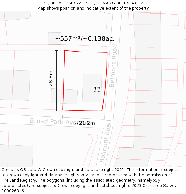 33, BROAD PARK AVENUE, ILFRACOMBE, EX34 8DZ: Plot and title map