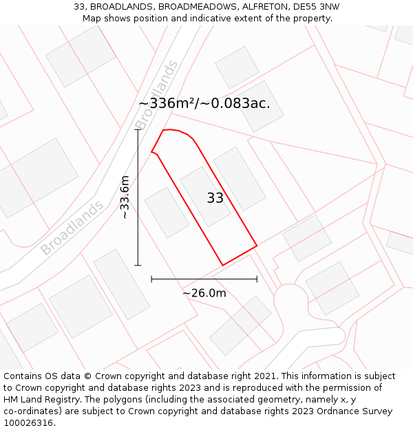 33, BROADLANDS, BROADMEADOWS, ALFRETON, DE55 3NW: Plot and title map