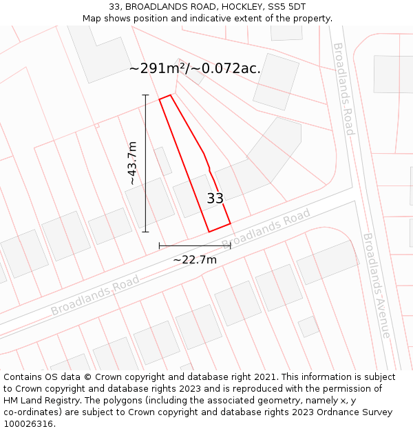 33, BROADLANDS ROAD, HOCKLEY, SS5 5DT: Plot and title map