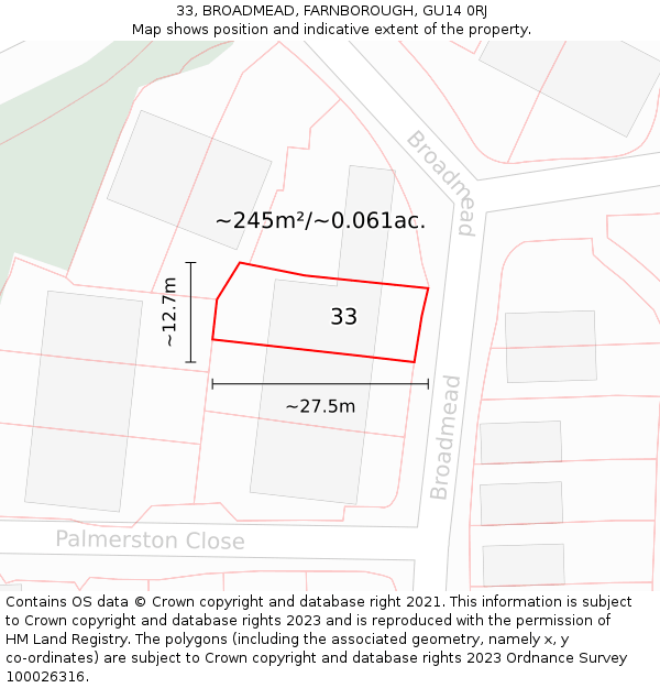 33, BROADMEAD, FARNBOROUGH, GU14 0RJ: Plot and title map