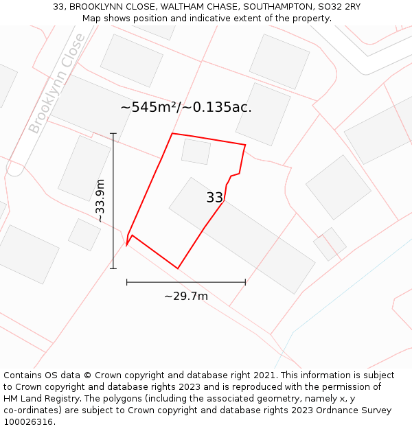 33, BROOKLYNN CLOSE, WALTHAM CHASE, SOUTHAMPTON, SO32 2RY: Plot and title map