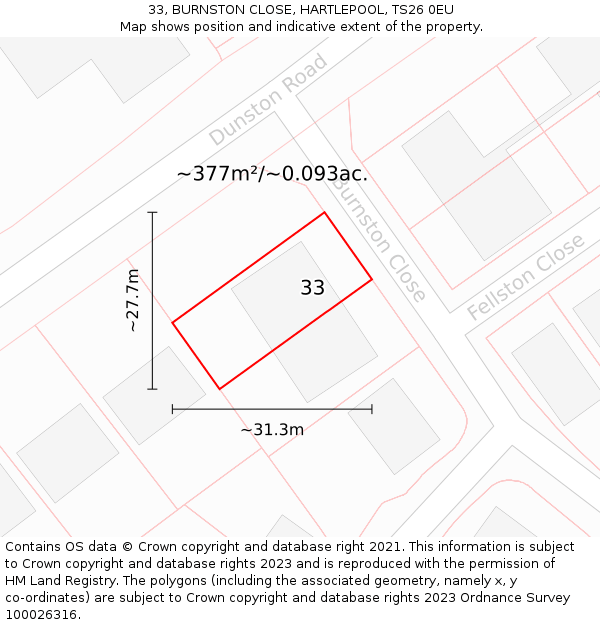 33, BURNSTON CLOSE, HARTLEPOOL, TS26 0EU: Plot and title map