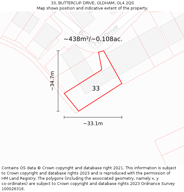 33, BUTTERCUP DRIVE, OLDHAM, OL4 2QS: Plot and title map