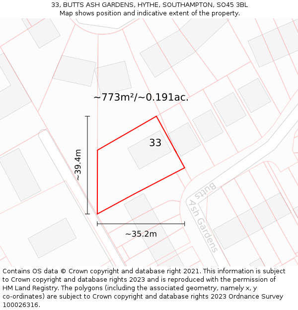 33, BUTTS ASH GARDENS, HYTHE, SOUTHAMPTON, SO45 3BL: Plot and title map