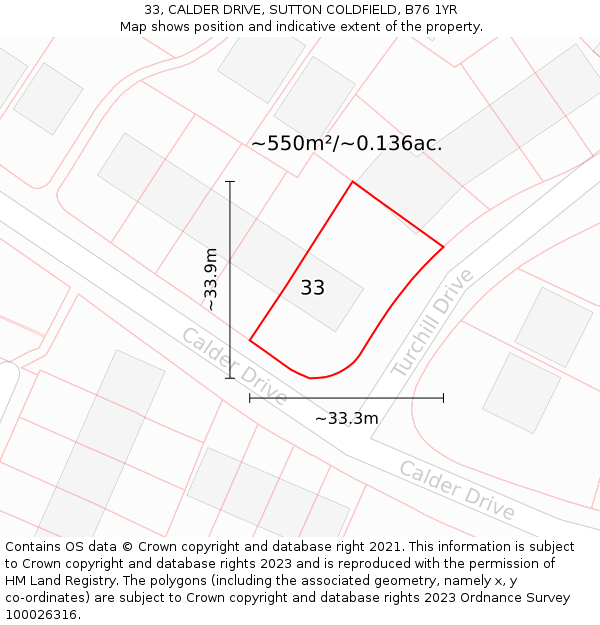 33, CALDER DRIVE, SUTTON COLDFIELD, B76 1YR: Plot and title map