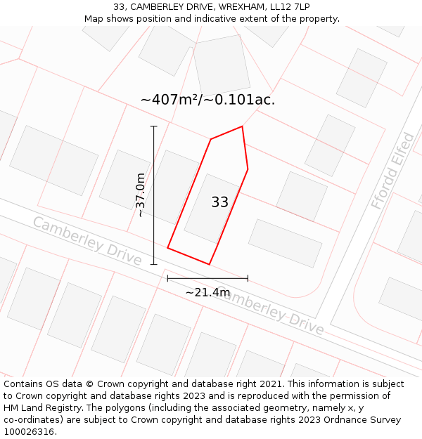 33, CAMBERLEY DRIVE, WREXHAM, LL12 7LP: Plot and title map