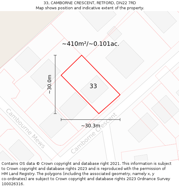 33, CAMBORNE CRESCENT, RETFORD, DN22 7RD: Plot and title map