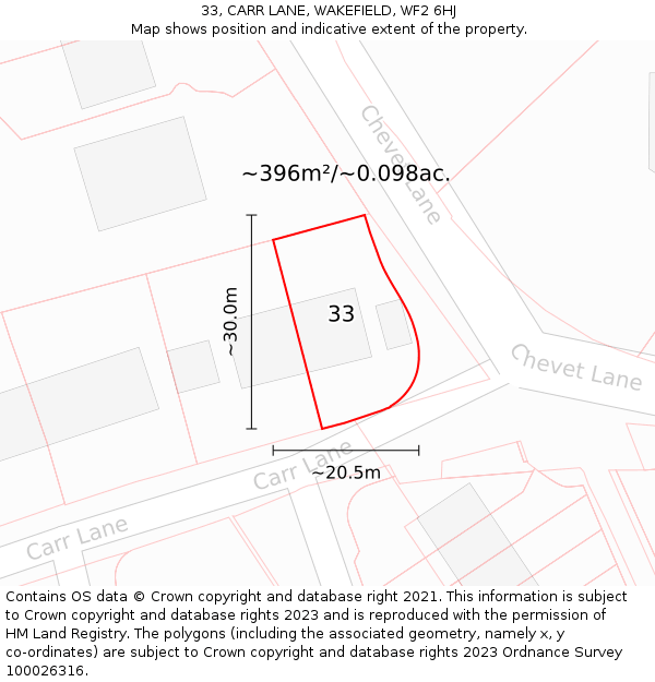 33, CARR LANE, WAKEFIELD, WF2 6HJ: Plot and title map
