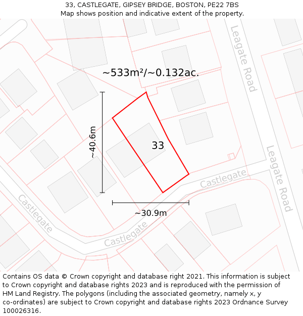 33, CASTLEGATE, GIPSEY BRIDGE, BOSTON, PE22 7BS: Plot and title map