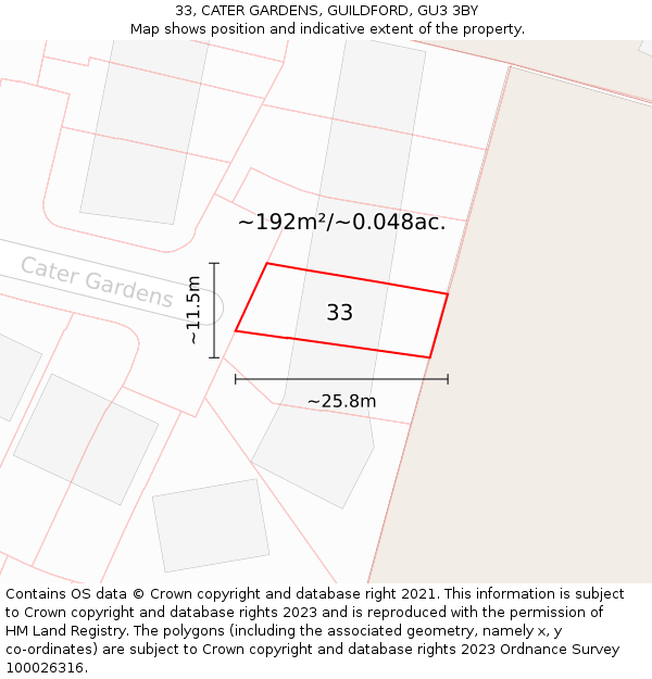 33, CATER GARDENS, GUILDFORD, GU3 3BY: Plot and title map