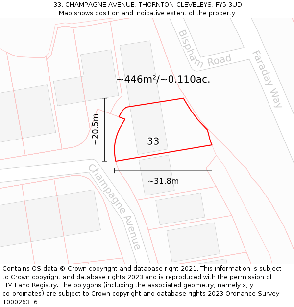 33, CHAMPAGNE AVENUE, THORNTON-CLEVELEYS, FY5 3UD: Plot and title map