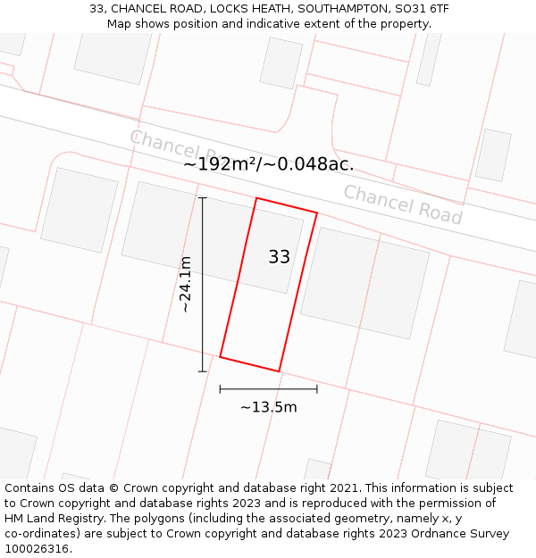 33, CHANCEL ROAD, LOCKS HEATH, SOUTHAMPTON, SO31 6TF: Plot and title map