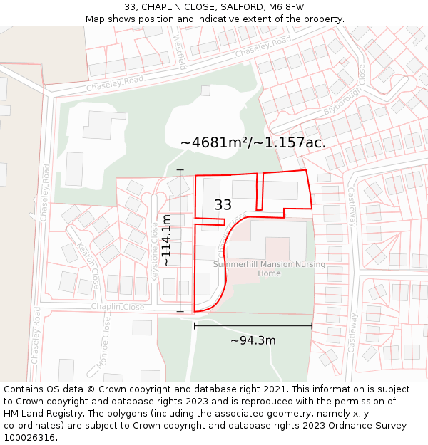 33, CHAPLIN CLOSE, SALFORD, M6 8FW: Plot and title map