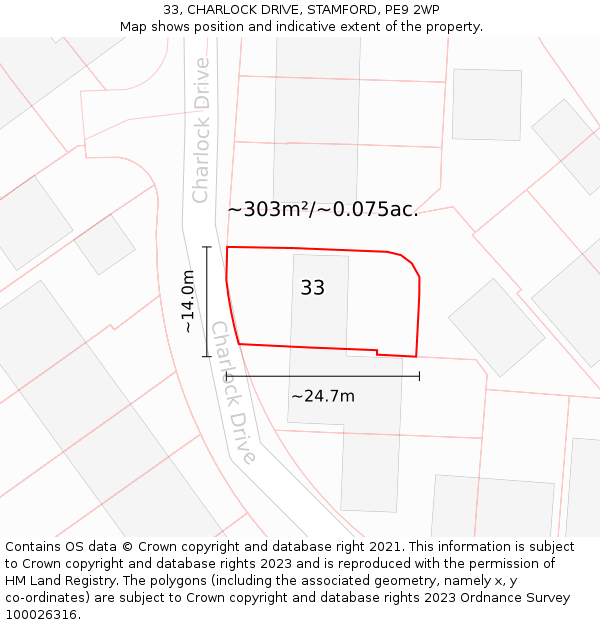 33, CHARLOCK DRIVE, STAMFORD, PE9 2WP: Plot and title map