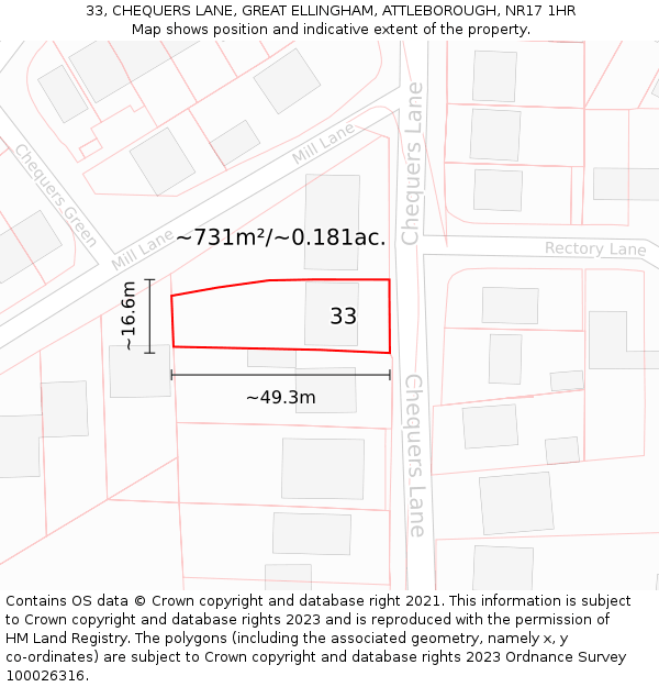 33, CHEQUERS LANE, GREAT ELLINGHAM, ATTLEBOROUGH, NR17 1HR: Plot and title map