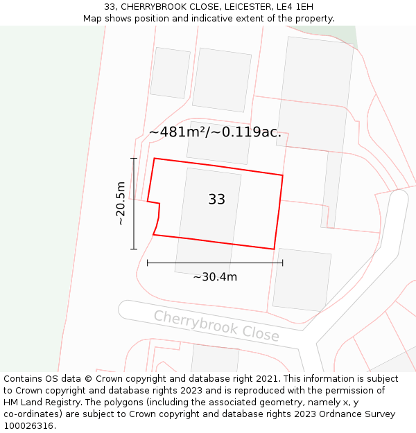 33, CHERRYBROOK CLOSE, LEICESTER, LE4 1EH: Plot and title map