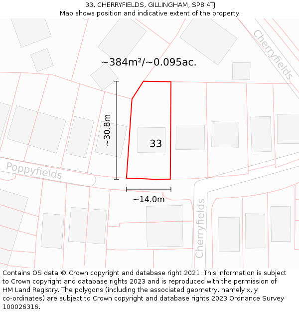 33, CHERRYFIELDS, GILLINGHAM, SP8 4TJ: Plot and title map