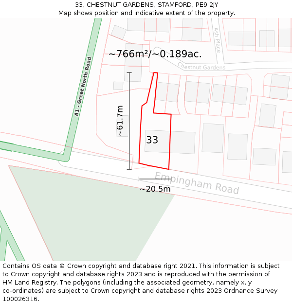 33, CHESTNUT GARDENS, STAMFORD, PE9 2JY: Plot and title map