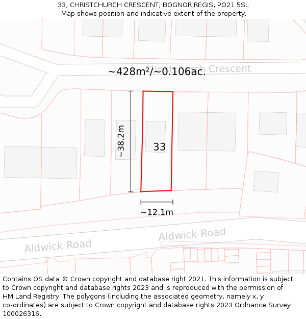 33, CHRISTCHURCH CRESCENT, BOGNOR REGIS, PO21 5SL: Plot and title map