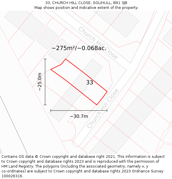 33, CHURCH HILL CLOSE, SOLIHULL, B91 3JB: Plot and title map
