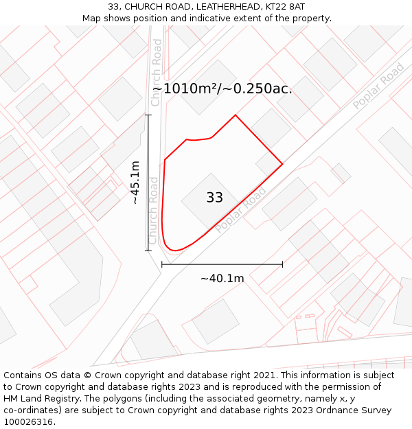 33, CHURCH ROAD, LEATHERHEAD, KT22 8AT: Plot and title map