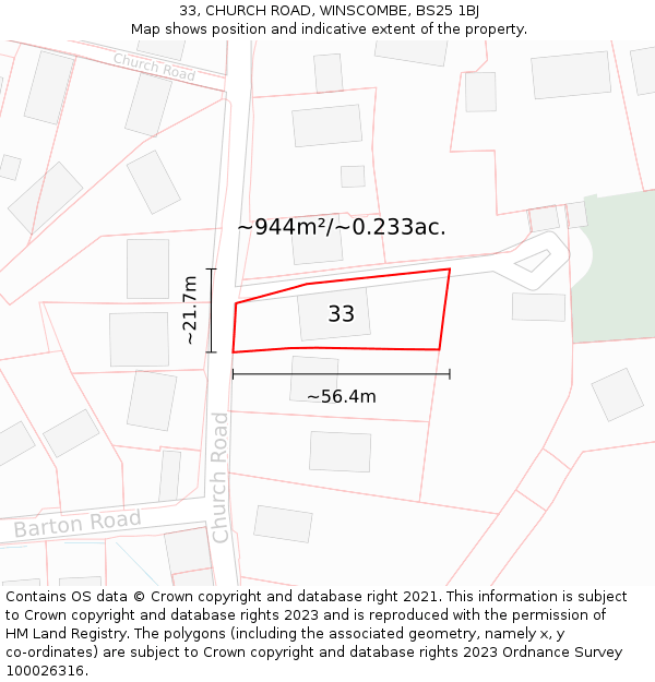 33, CHURCH ROAD, WINSCOMBE, BS25 1BJ: Plot and title map