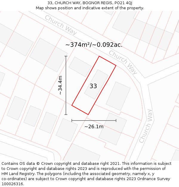 33, CHURCH WAY, BOGNOR REGIS, PO21 4QJ: Plot and title map