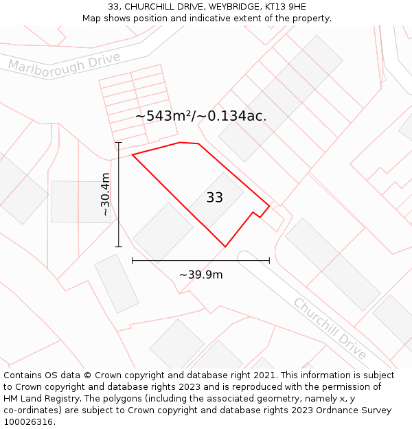 33, CHURCHILL DRIVE, WEYBRIDGE, KT13 9HE: Plot and title map