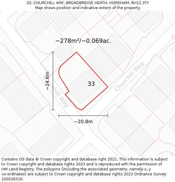 33, CHURCHILL WAY, BROADBRIDGE HEATH, HORSHAM, RH12 3TY: Plot and title map