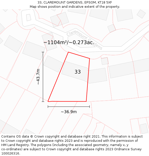 33, CLAREMOUNT GARDENS, EPSOM, KT18 5XF: Plot and title map