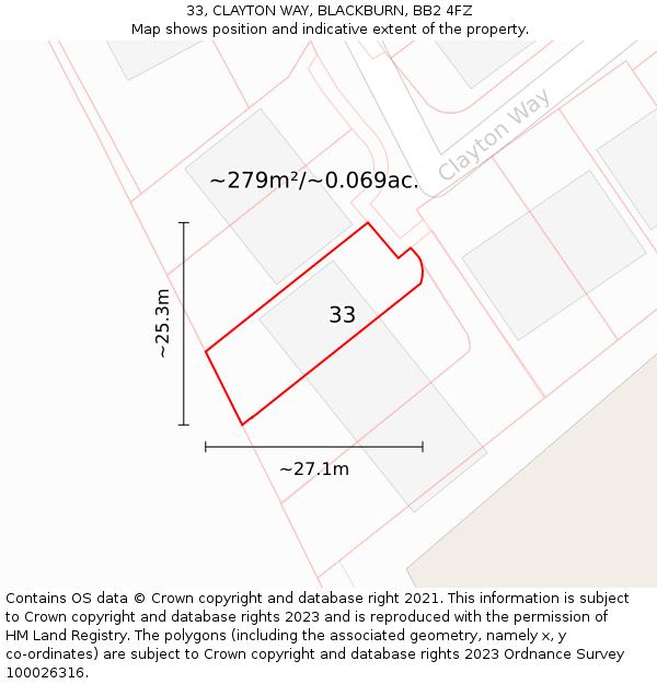 33, CLAYTON WAY, BLACKBURN, BB2 4FZ: Plot and title map