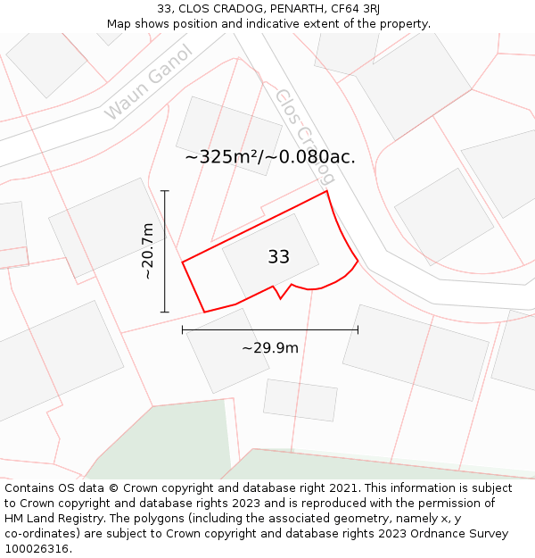 33, CLOS CRADOG, PENARTH, CF64 3RJ: Plot and title map