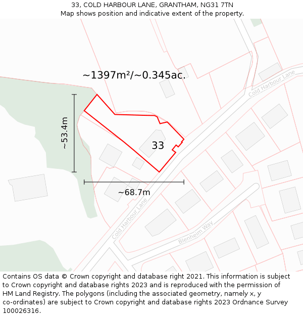 33, COLD HARBOUR LANE, GRANTHAM, NG31 7TN: Plot and title map