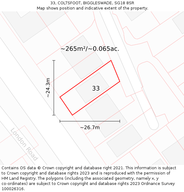 33, COLTSFOOT, BIGGLESWADE, SG18 8SR: Plot and title map