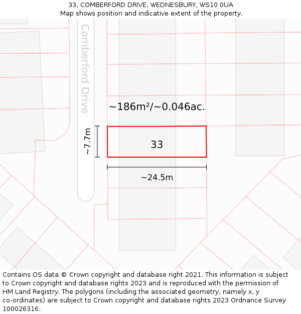 33, COMBERFORD DRIVE, WEDNESBURY, WS10 0UA: Plot and title map