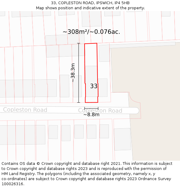 33, COPLESTON ROAD, IPSWICH, IP4 5HB: Plot and title map