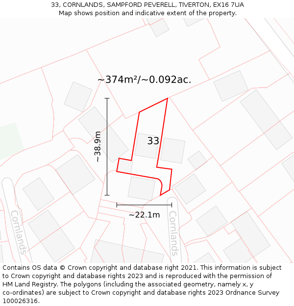 33, CORNLANDS, SAMPFORD PEVERELL, TIVERTON, EX16 7UA: Plot and title map