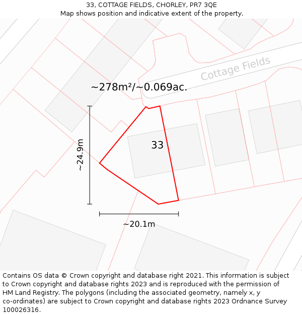 33, COTTAGE FIELDS, CHORLEY, PR7 3QE: Plot and title map