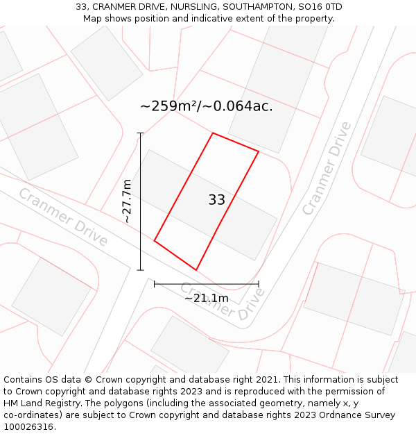 33, CRANMER DRIVE, NURSLING, SOUTHAMPTON, SO16 0TD: Plot and title map