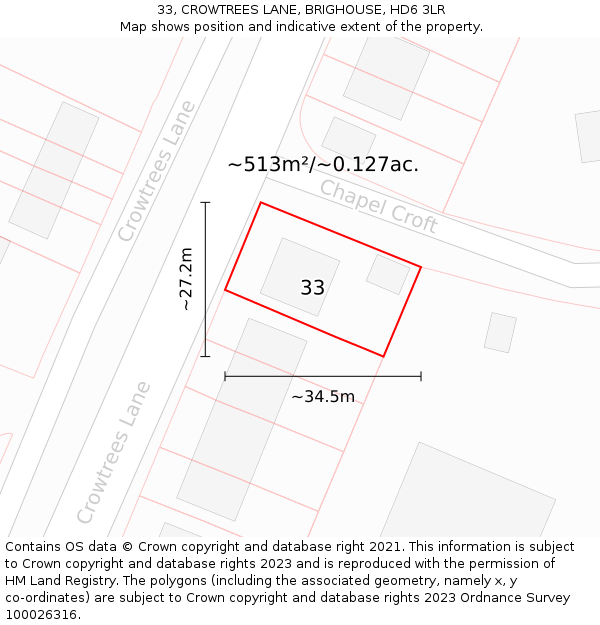 33, CROWTREES LANE, BRIGHOUSE, HD6 3LR: Plot and title map