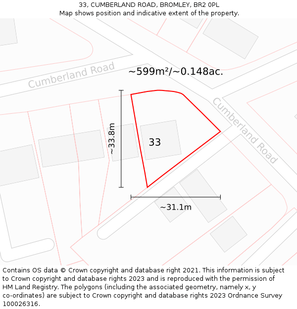 33, CUMBERLAND ROAD, BROMLEY, BR2 0PL: Plot and title map