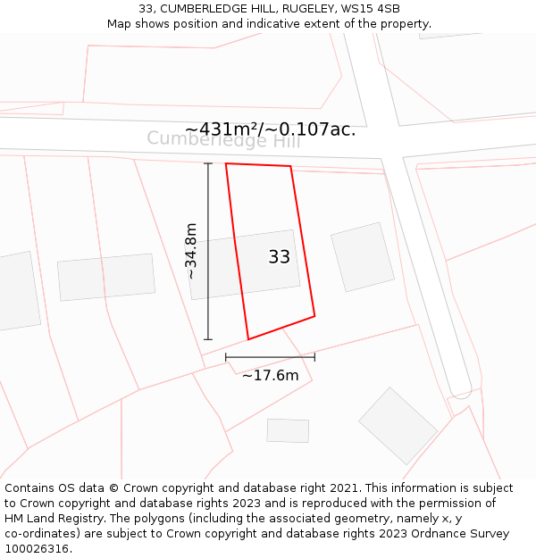 33, CUMBERLEDGE HILL, RUGELEY, WS15 4SB: Plot and title map