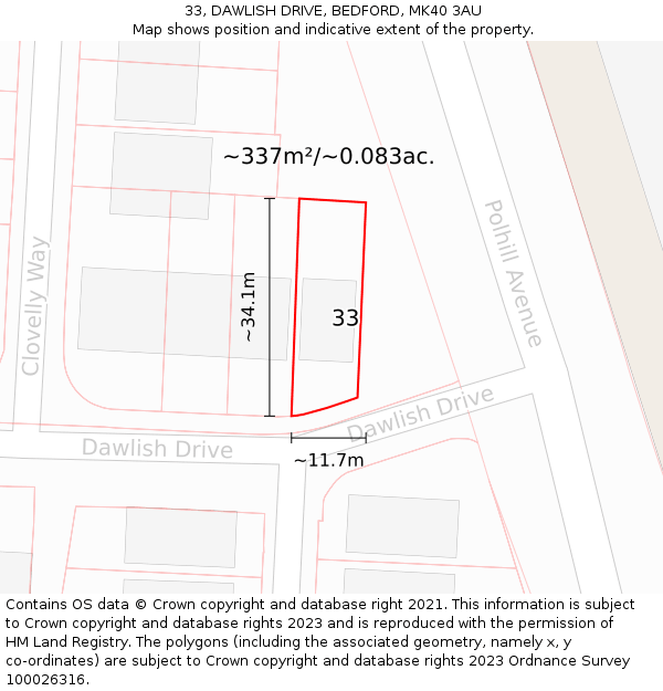 33, DAWLISH DRIVE, BEDFORD, MK40 3AU: Plot and title map