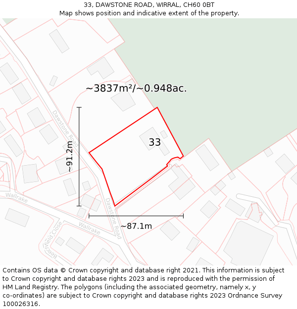 33, DAWSTONE ROAD, WIRRAL, CH60 0BT: Plot and title map