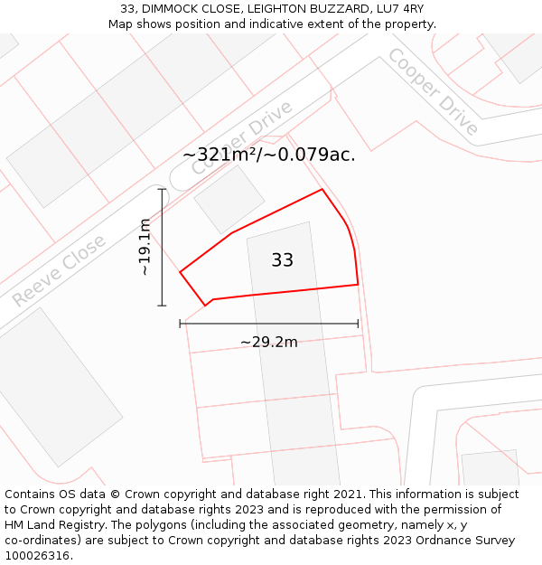 33, DIMMOCK CLOSE, LEIGHTON BUZZARD, LU7 4RY: Plot and title map