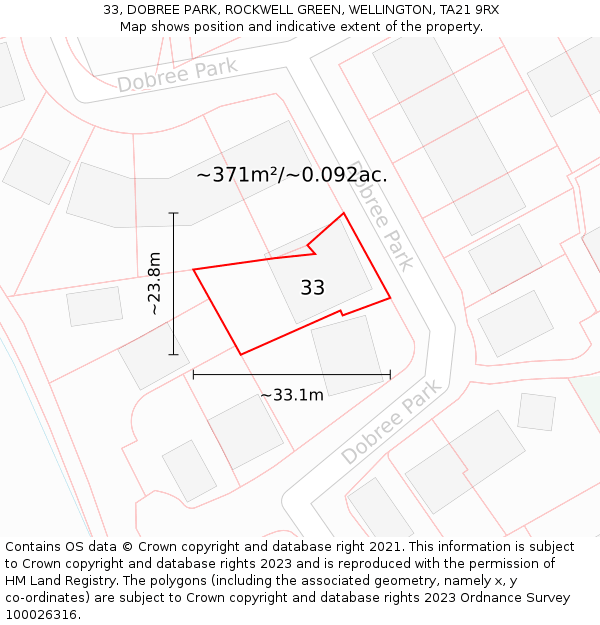 33, DOBREE PARK, ROCKWELL GREEN, WELLINGTON, TA21 9RX: Plot and title map