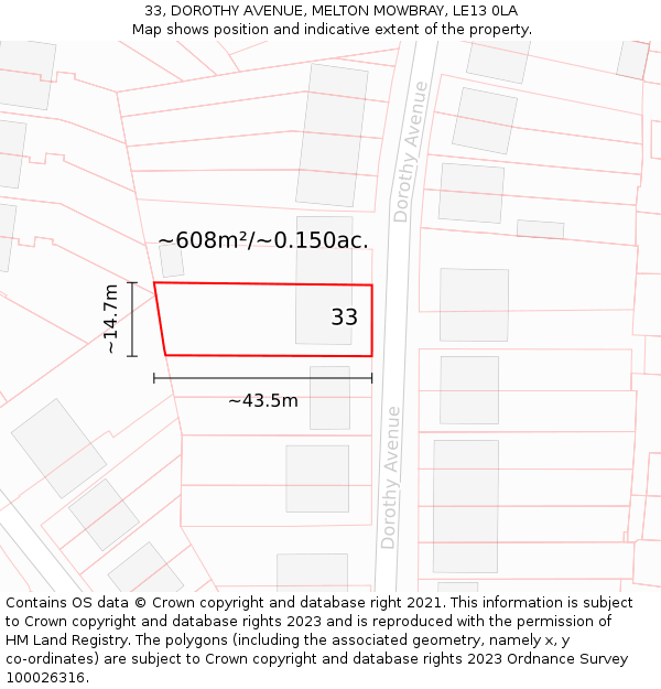 33, DOROTHY AVENUE, MELTON MOWBRAY, LE13 0LA: Plot and title map