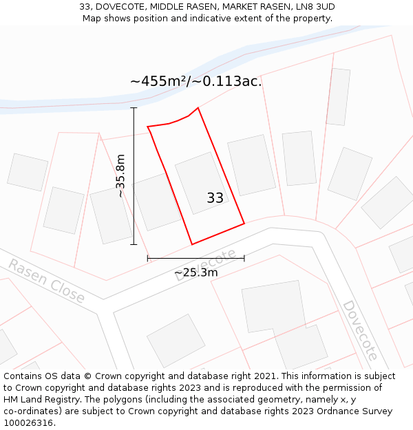 33, DOVECOTE, MIDDLE RASEN, MARKET RASEN, LN8 3UD: Plot and title map