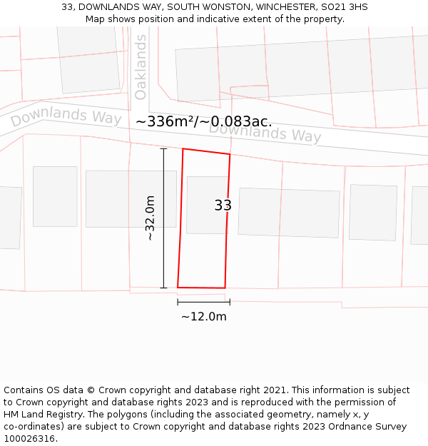 33, DOWNLANDS WAY, SOUTH WONSTON, WINCHESTER, SO21 3HS: Plot and title map