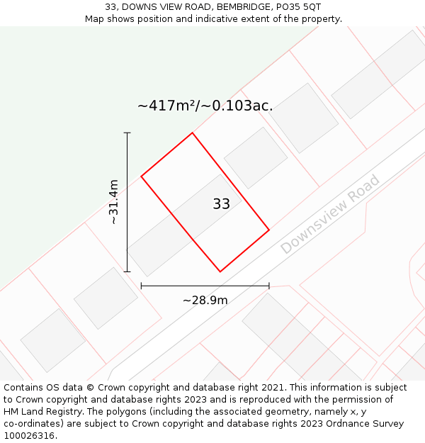 33, DOWNS VIEW ROAD, BEMBRIDGE, PO35 5QT: Plot and title map